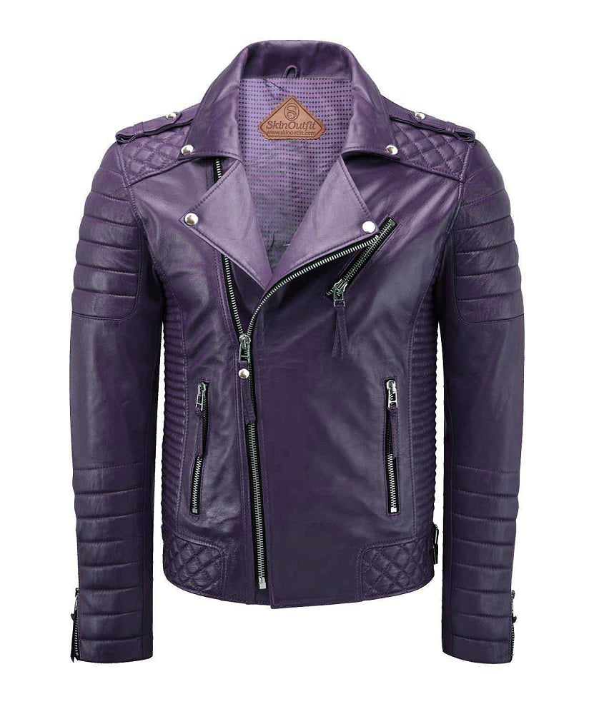 Men Biker Leather Jacket Purple SkinOutfit