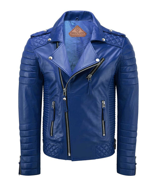 Men Biker Leather Jacket Royal Blue SkinOutfit