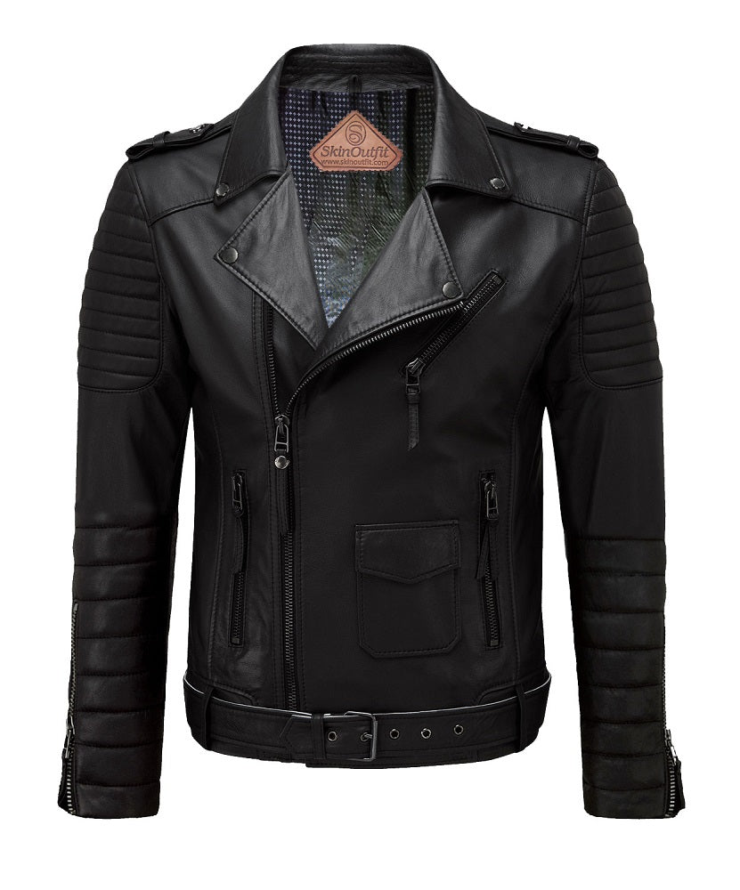 Men's Motorcycle Leather Jacket Black SkinOutfit