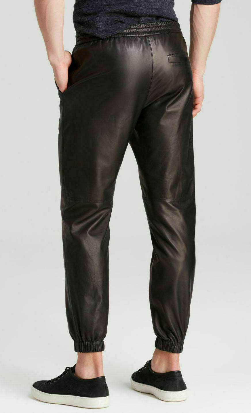 Men Genuine Leather Joggers Pant Black SkinOutfit