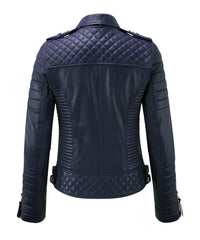 Women Biker Leather Jacket Dark Blue freeshipping - SkinOutfit