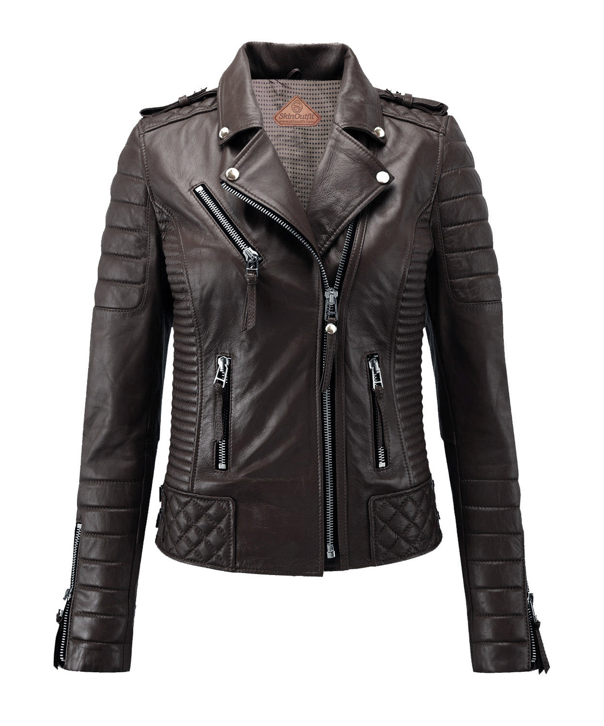 Women Biker Leather Jacket Dark Brown freeshipping - SkinOutfit