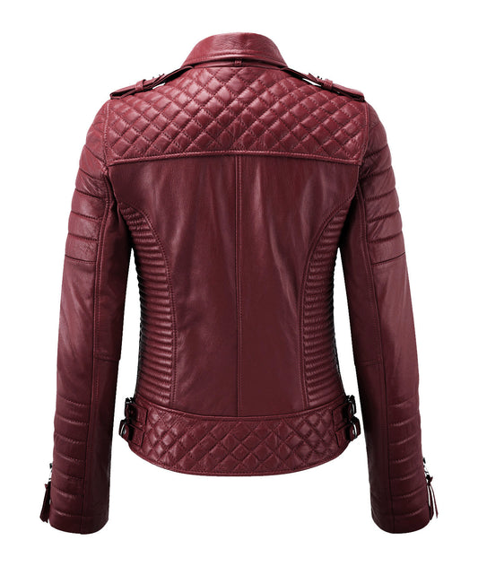 Women Biker Leather Jacket Dark Red SkinOutfit
