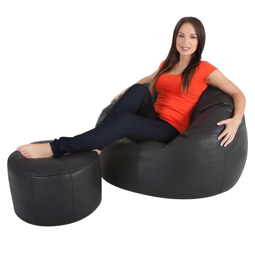 Genuine Leather Cowhide Recliner Beanbag Black SkinOutfit