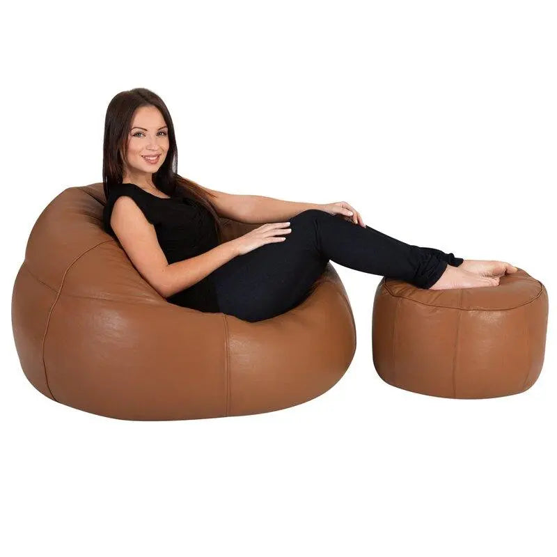 Genuine Leather Cowhide Recliner Beanbag Tan SkinOutfit