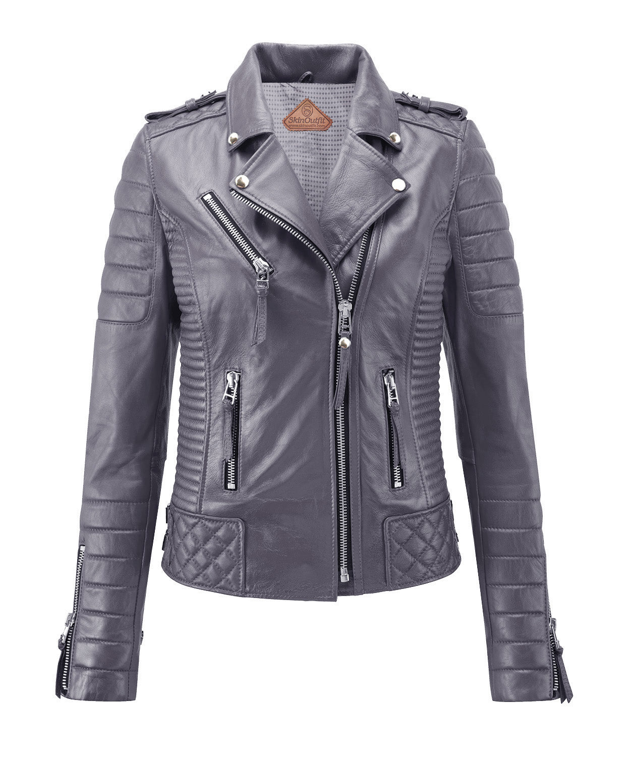 Women Biker Leather Jacket Gray freeshipping - SkinOutfit
