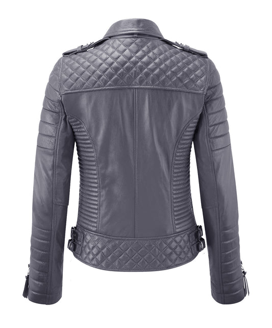 Women Biker Leather Jacket Gray freeshipping - SkinOutfit
