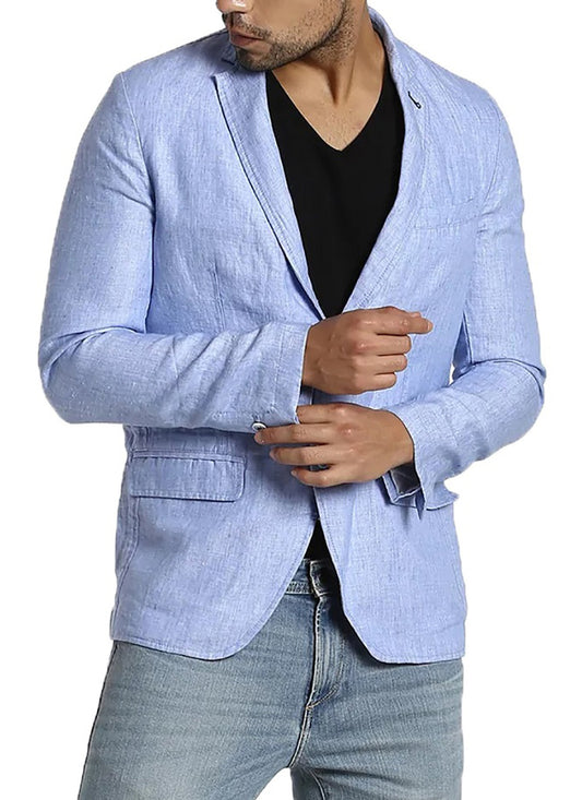 Men's Pure Cotton Linen Jacket Light Blue SkinOutfit