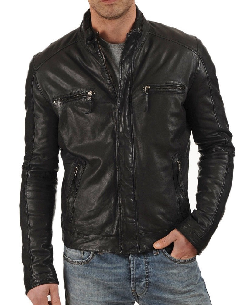 Men Lambskin Genuine Leather Jacket MJ 02 freeshipping - SkinOutfit