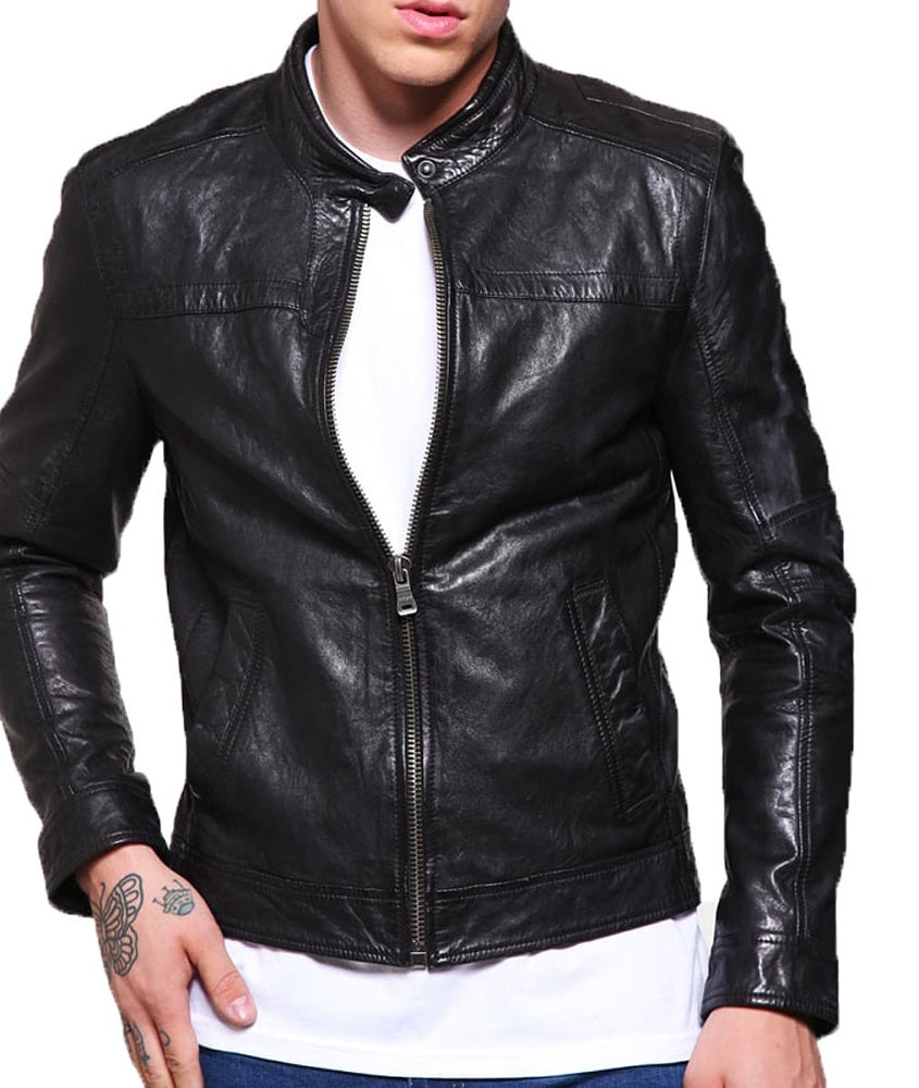 Men Lambskin Genuine Leather Jacket MJ446 SkinOutfit