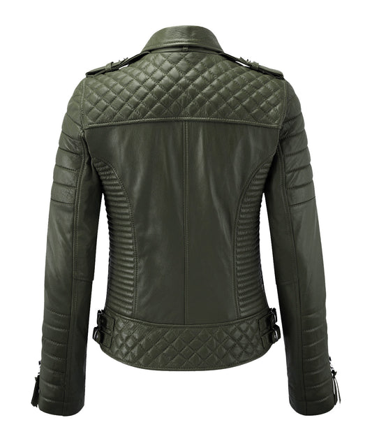 Women Biker Leather Jacket Olive Green freeshipping - SkinOutfit