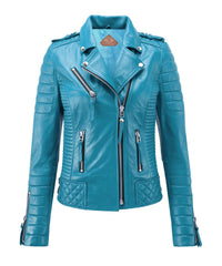 Women Biker Leather Jacket Turquoise Blue SkinOutfit