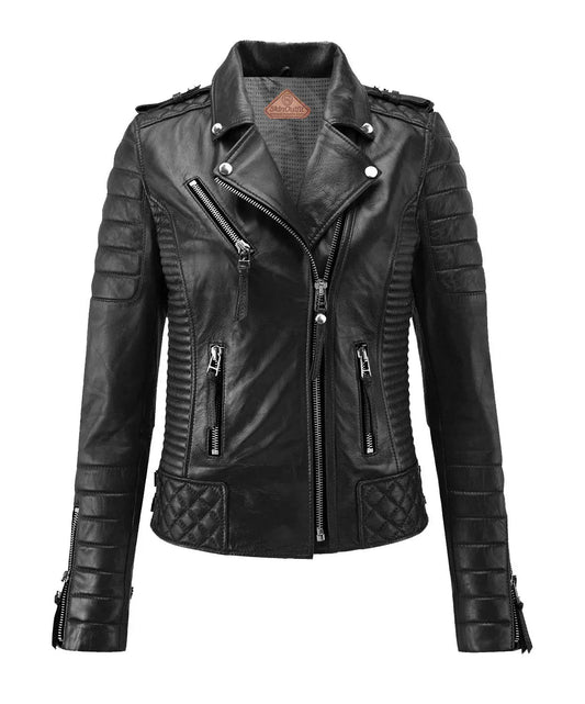 Women Biker Leather Jacket Black freeshipping - SkinOutfit