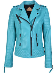 Women's Motorcycle Leather Jacket Turquoise Blue SkinOutfit