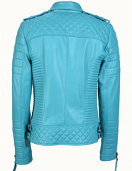 Women's Motorcycle Leather Jacket Turquoise Blue SkinOutfit