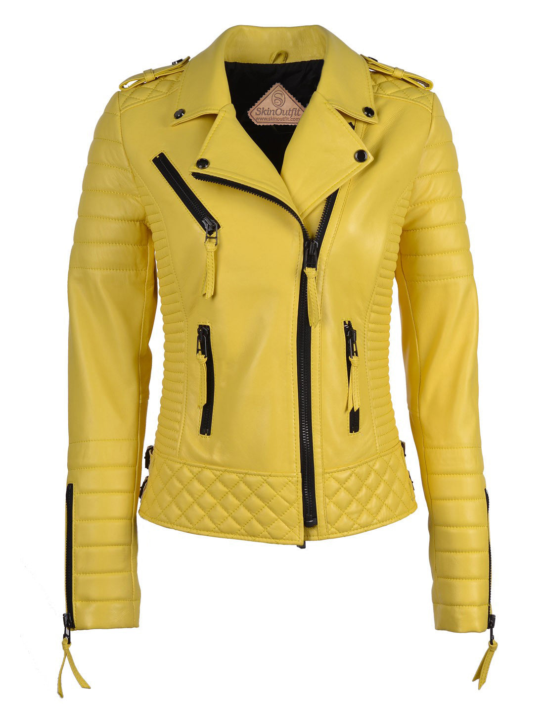 Women's Motorcycle Leather Jacket Yellow freeshipping - SkinOutfit