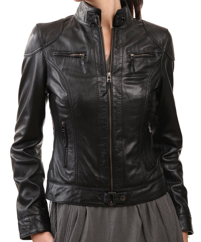 Women Lambskin Genuine Leather Jacket WJ112 SkinOutfit