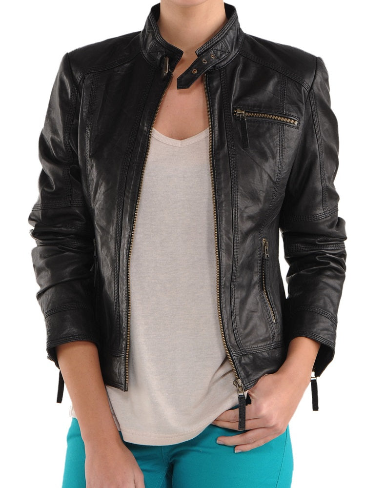 Women Lambskin Genuine Leather Jacket WJ116 SkinOutfit