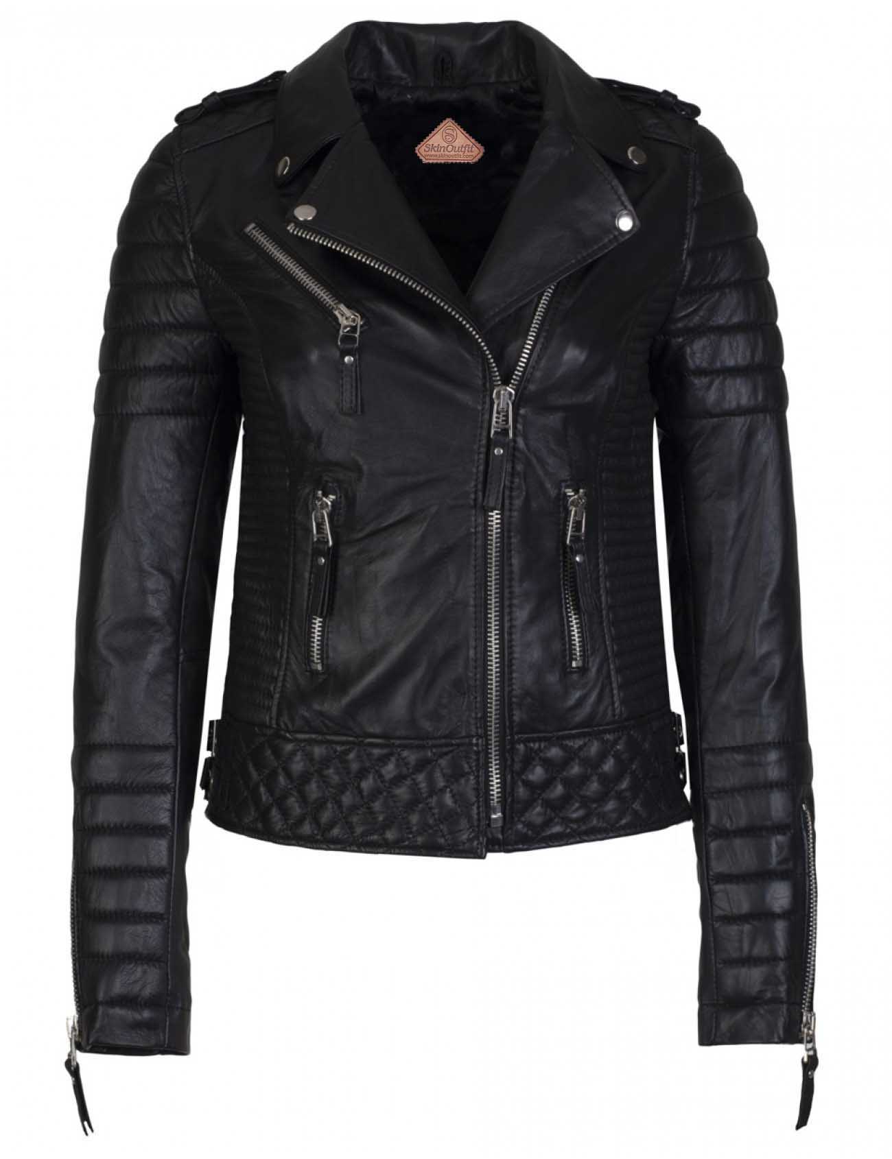 Women's Biker Leather Jacket Black freeshipping - SkinOutfit
