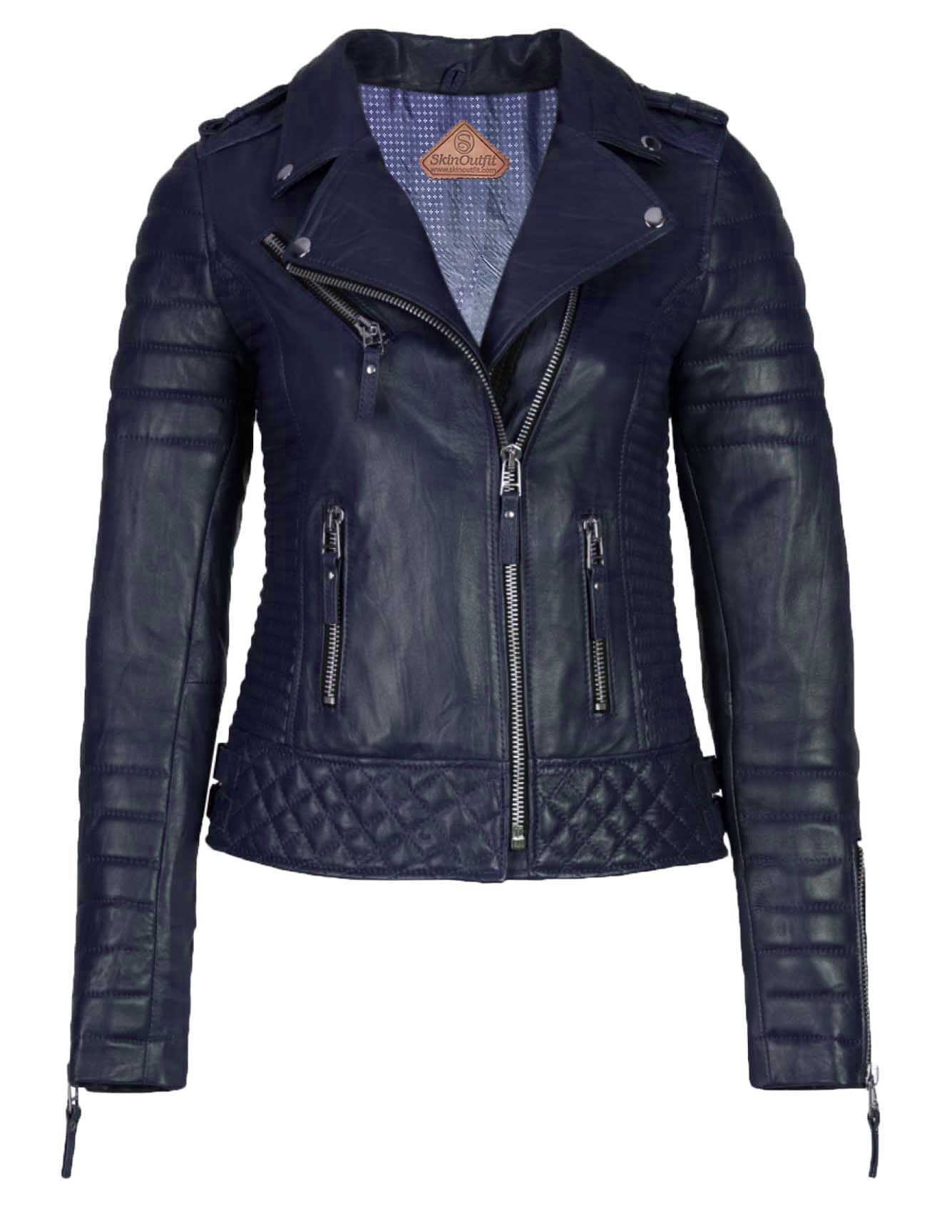 Women's Biker Leather Jacket Dark Blue freeshipping - SkinOutfit
