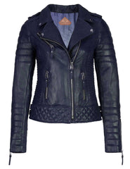 Women's Biker Leather Jacket Dark Blue freeshipping - SkinOutfit