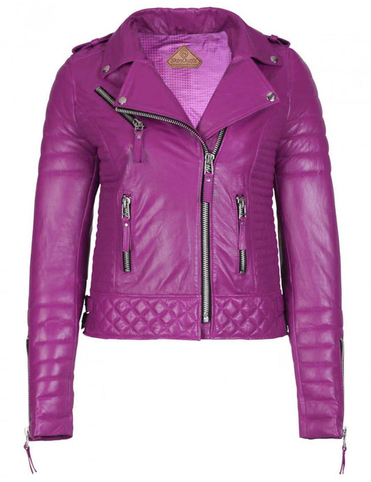 Women's Biker Leather Jacket Dark Pink freeshipping - SkinOutfit