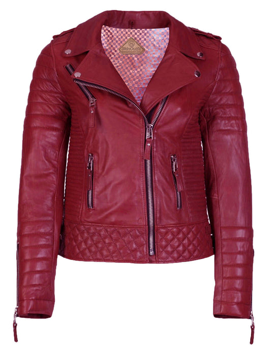 Women's Biker Leather Jacket Dark Red freeshipping - SkinOutfit