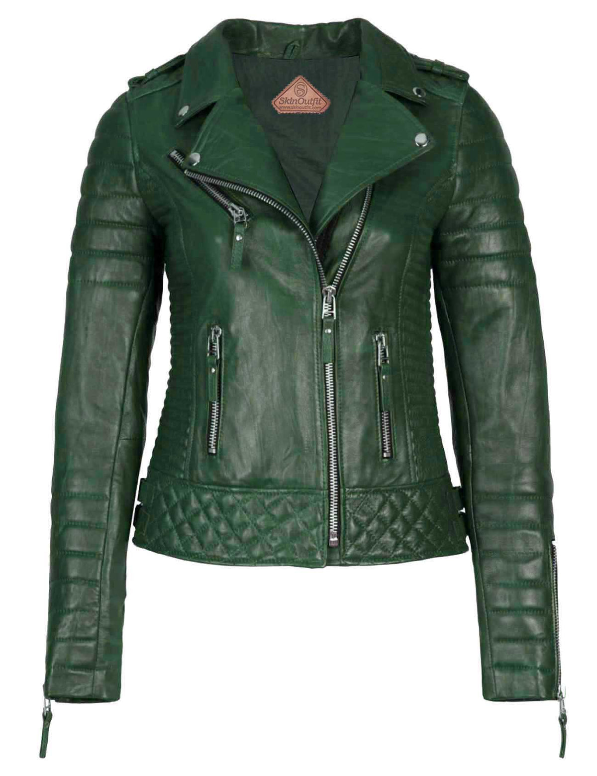 Women's Biker Leather Jacket Dark Green freeshipping - SkinOutfit