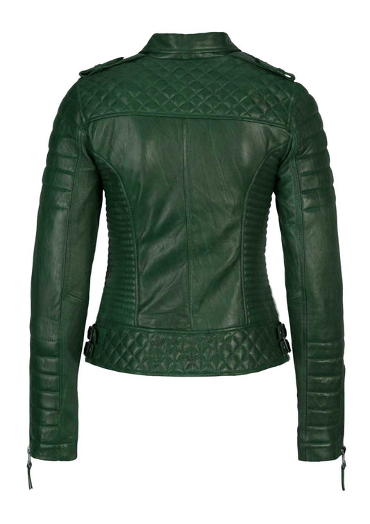 Women's Biker Leather Jacket Dark Green freeshipping - SkinOutfit