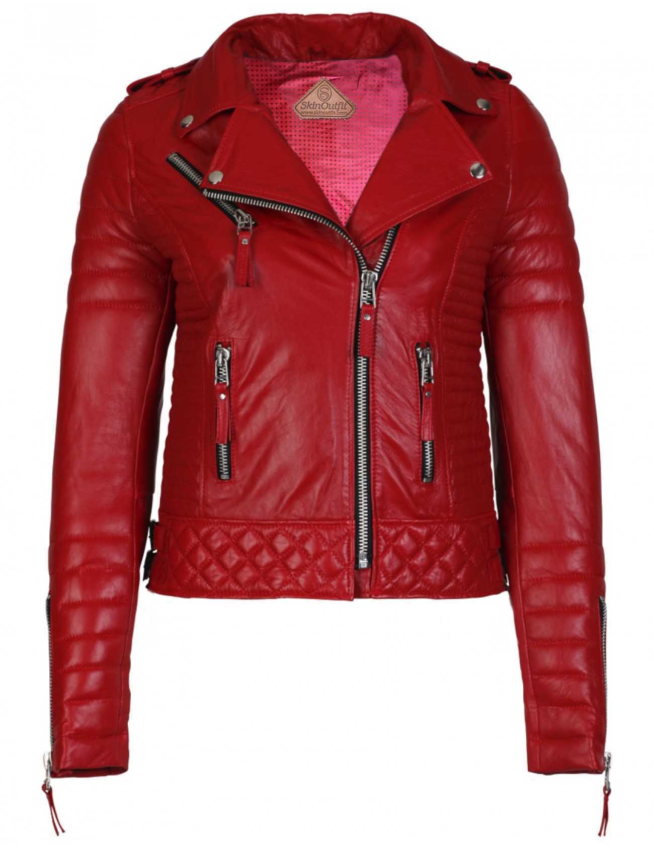 Women's Biker Leather Jacket Red freeshipping - SkinOutfit