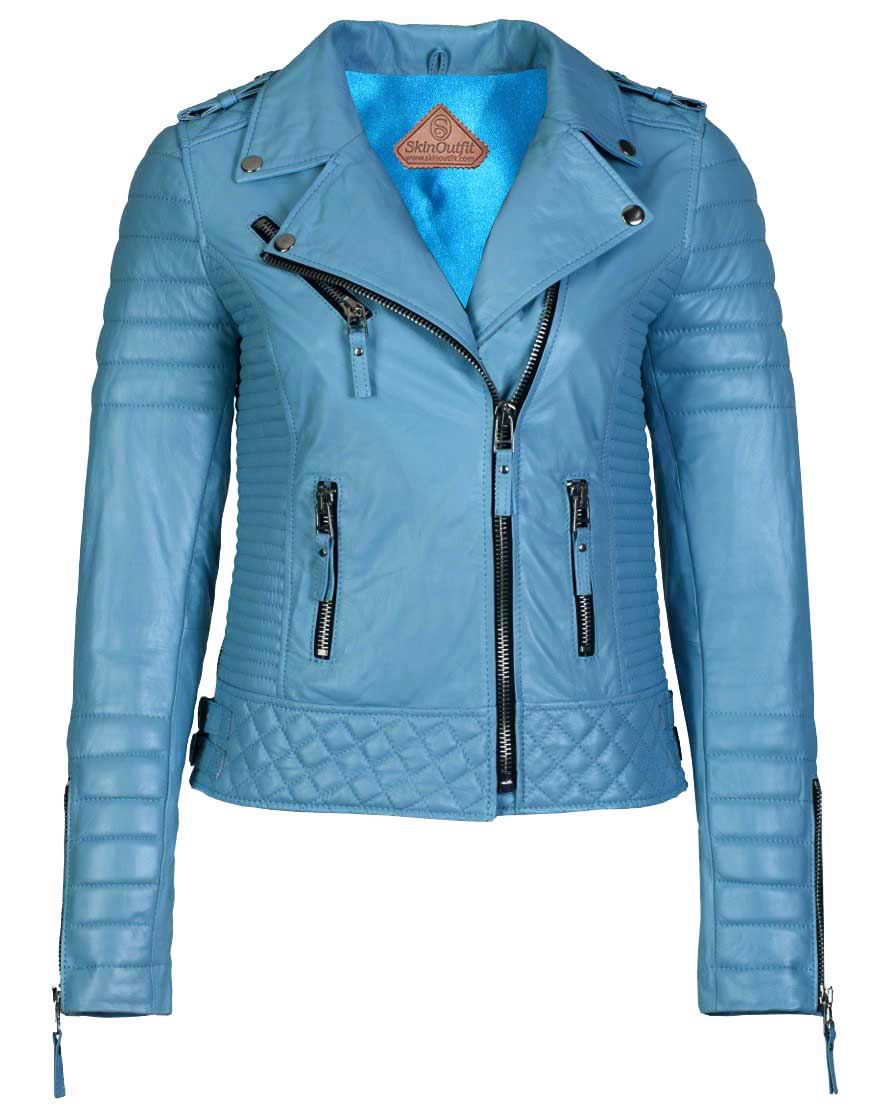 Women's Biker Leather Jacket Turquoise Blue freeshipping - SkinOutfit
