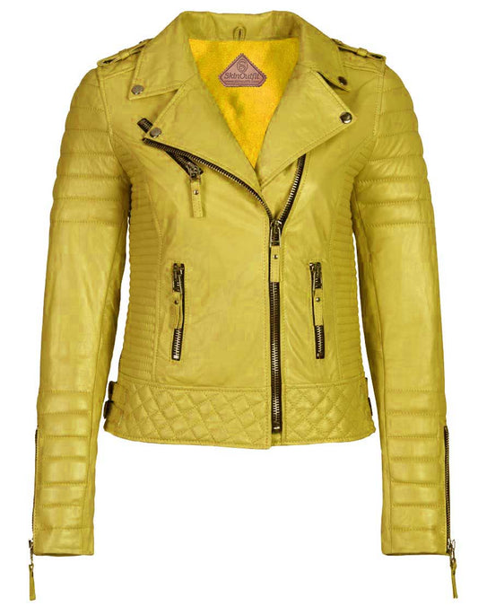 Women's Biker Leather Jacket Yellow freeshipping - SkinOutfit