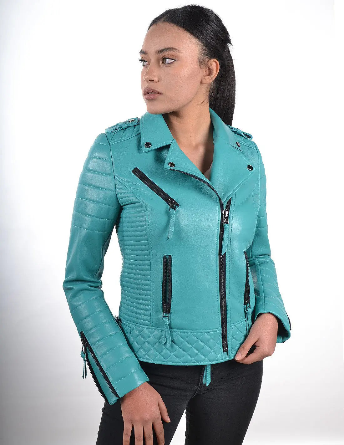Women's Motorcycle Leather Jacket Turquoise Blue SkinOutfit