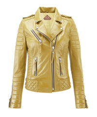 Women Biker Leather Jacket Yellow freeshipping - SkinOutfit